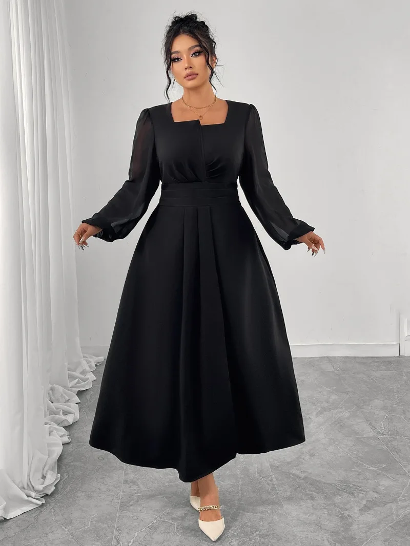 

GUWU Autumn French Style Long Maxi Dress High Waist Pleated Design Square Neck Long Sleeve Plus Size Women Dress