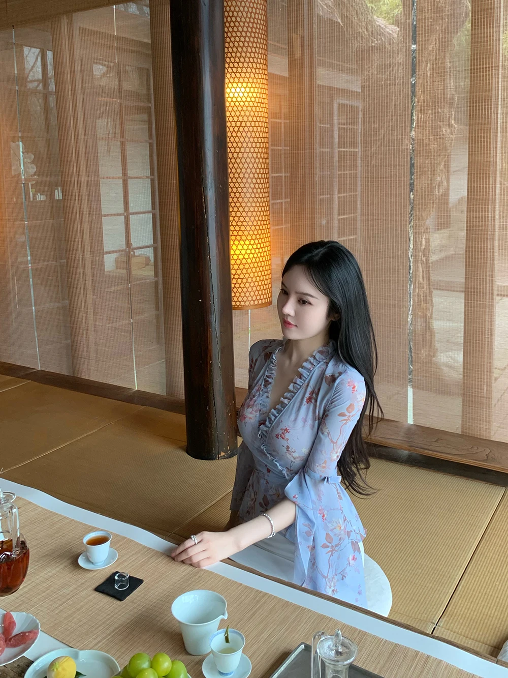 

Ele Swan Printed Chiffon Top Women's Lightweight Bell Sve V-Ne Tie-Detail French Sle High Waist Spring irt