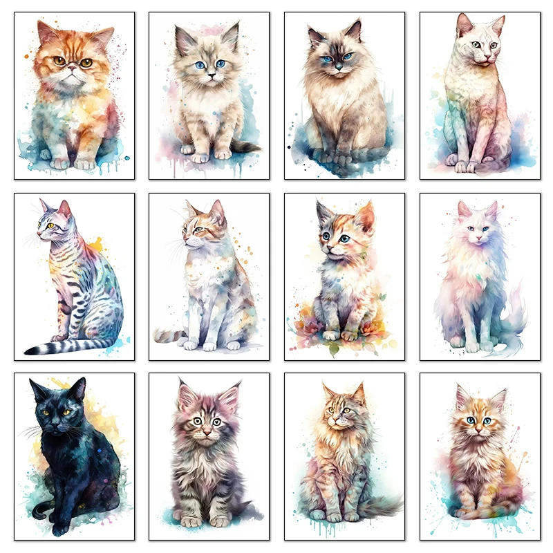 Watercolor Portrait Shorthair Cat Birman Cat Siamese Cat Cute Animal Poster Canvas Paintings Wall Art Pictures Home Decor