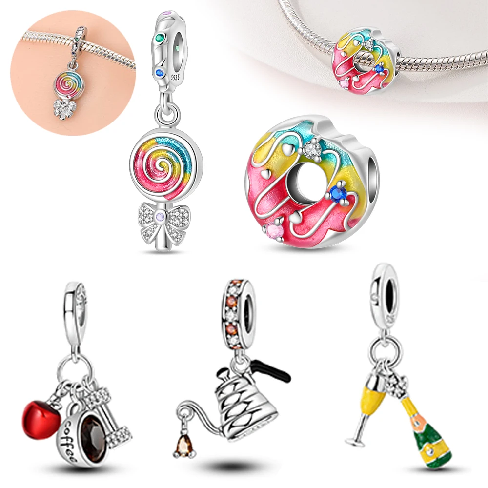 

Fantastic 925 Sterling Silver Lollipop Donut Wine Bottle Dangle Charm Fit Original Bracelet Gorgeous DIY Jewelry Gift For Friend