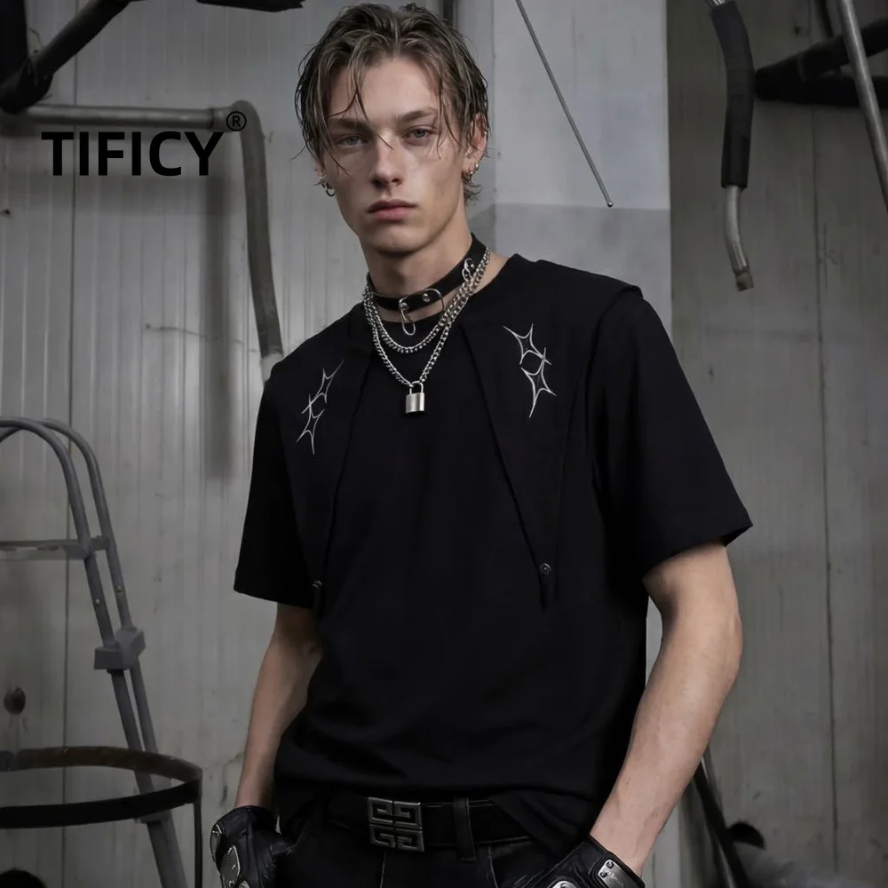 High Street Tees Dark Punk Short Sleeved T-shirt Men's Thorn Star Print Metal Rivets Heavyweight High Street Tshirts Top