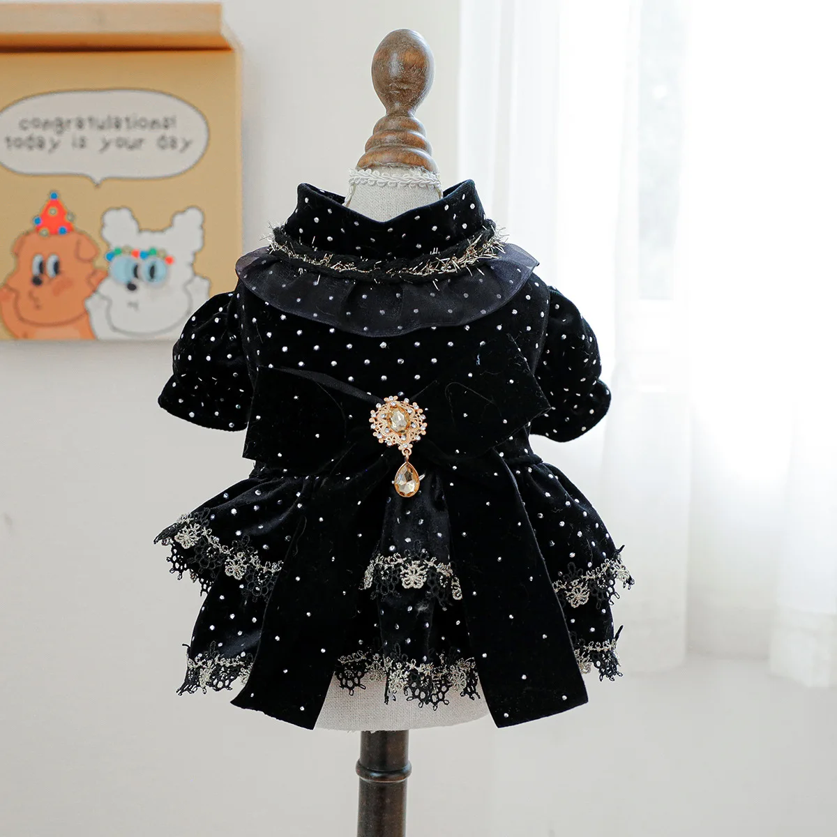 

Thick-Woven Pet Clothing For Autumn And Winter Featuring Luxurious Design Velvet Lace Polka Dots Small Dog'S Dress.