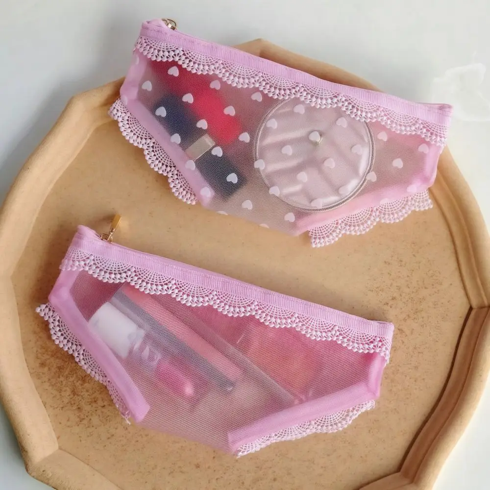 New Briefs Shape Cosmetic Bag Mesh Transparent Makeup Storage Pouch Lace Heart Y2K Toiletry Bag Storage for Travel