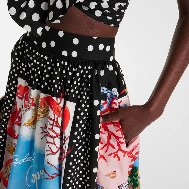 ONEINALL Retro Print Two Piece Set Women Square Collar Sleeveless Short Tops High Waist Printing A Line Skirts Set Female Summer