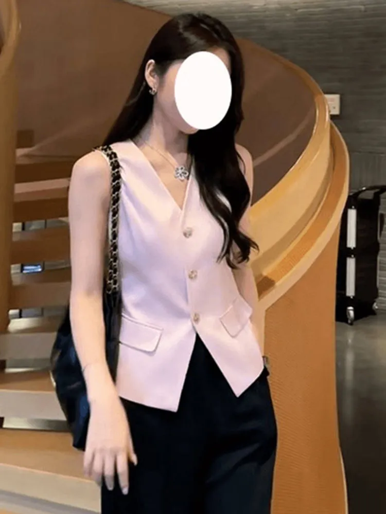 

Модный однотонный жилет с V-образным вырезом, многослойная одежда, нежный повседневный дизайн с плечами, модный топ для похудения для молодежного образа