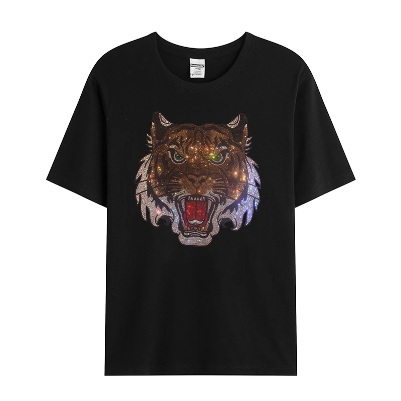 

Fashionable and shiny tiger-head rhinestone and men's summer short-sleeved ice silk cotton casual T-shirt