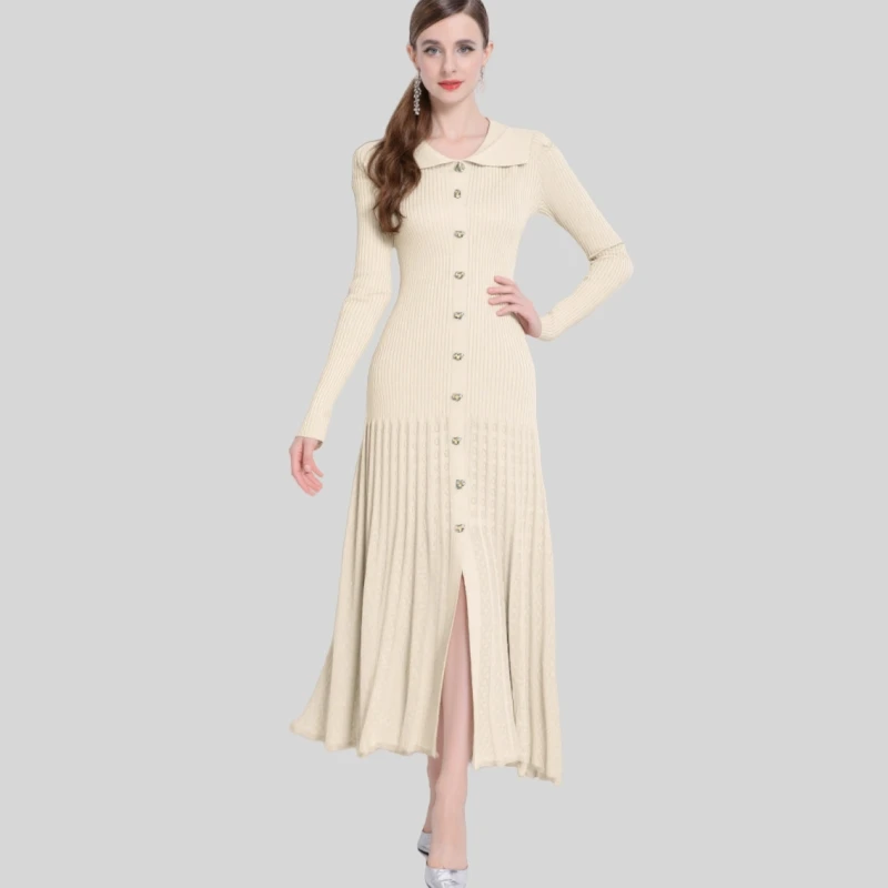 

Chic Fashion Wrap Hips Knitted Maxi Dress Autumn Women's Turn Down Neck Long Sleeve Buttons Up Sweater Dress Elegant Office Lady