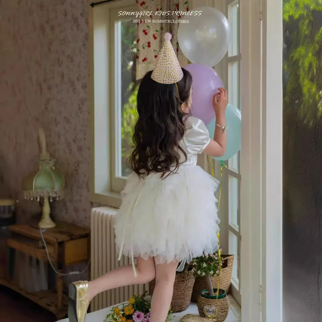 Puff Sleeve Tulle Tutu Girl Dress - White Flower Girl Dress Birthday Princess Formal Gown First Communion