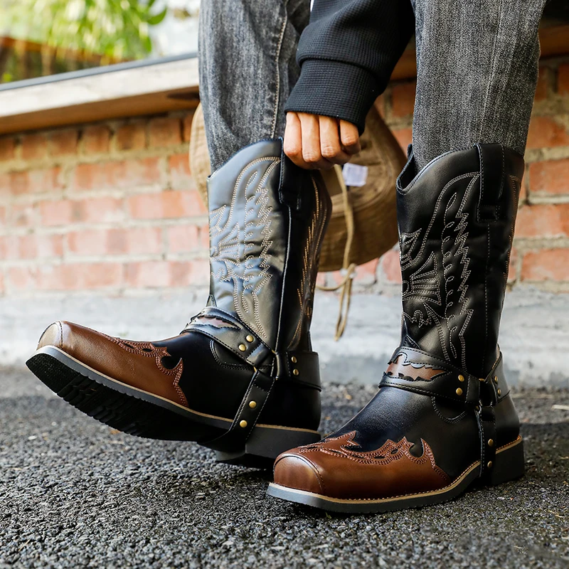 

2025 New Retro Men Boots Embroidered Men Mid-calf Boots Size 46 Botas Western Cowboy Boots Black Brown Faux Leather Winter Shoes