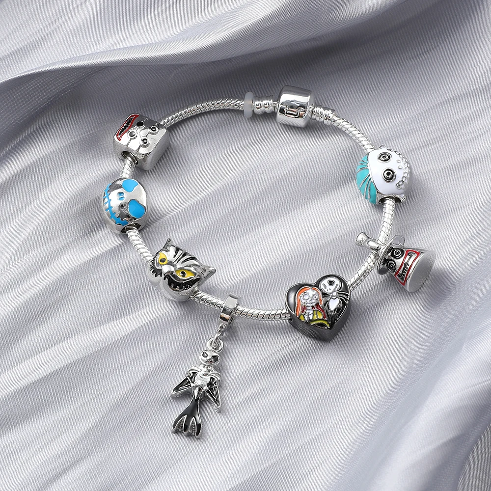 The Nightmare Before Christmas Bracelets Jack Skellington and Sally Pendant Bangle Disney Charm Bracelet for Women Jewelry