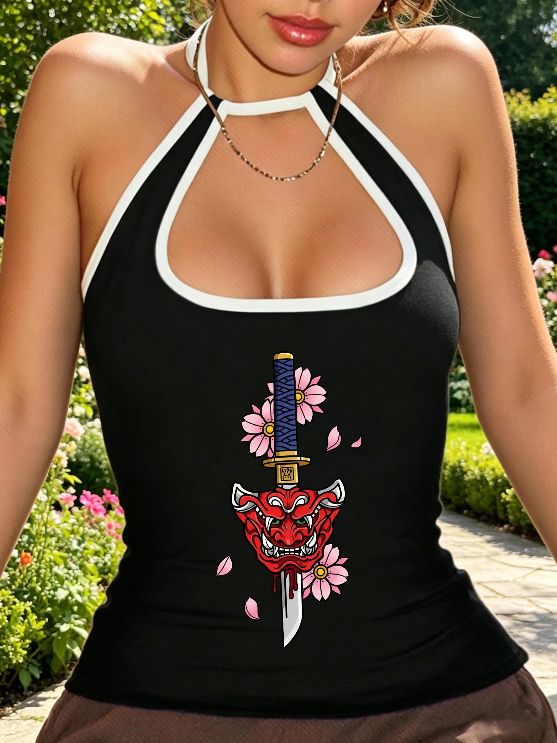 Streetwear Samurai Sword Print Halter Top Women Sleeveless Tops y2k top