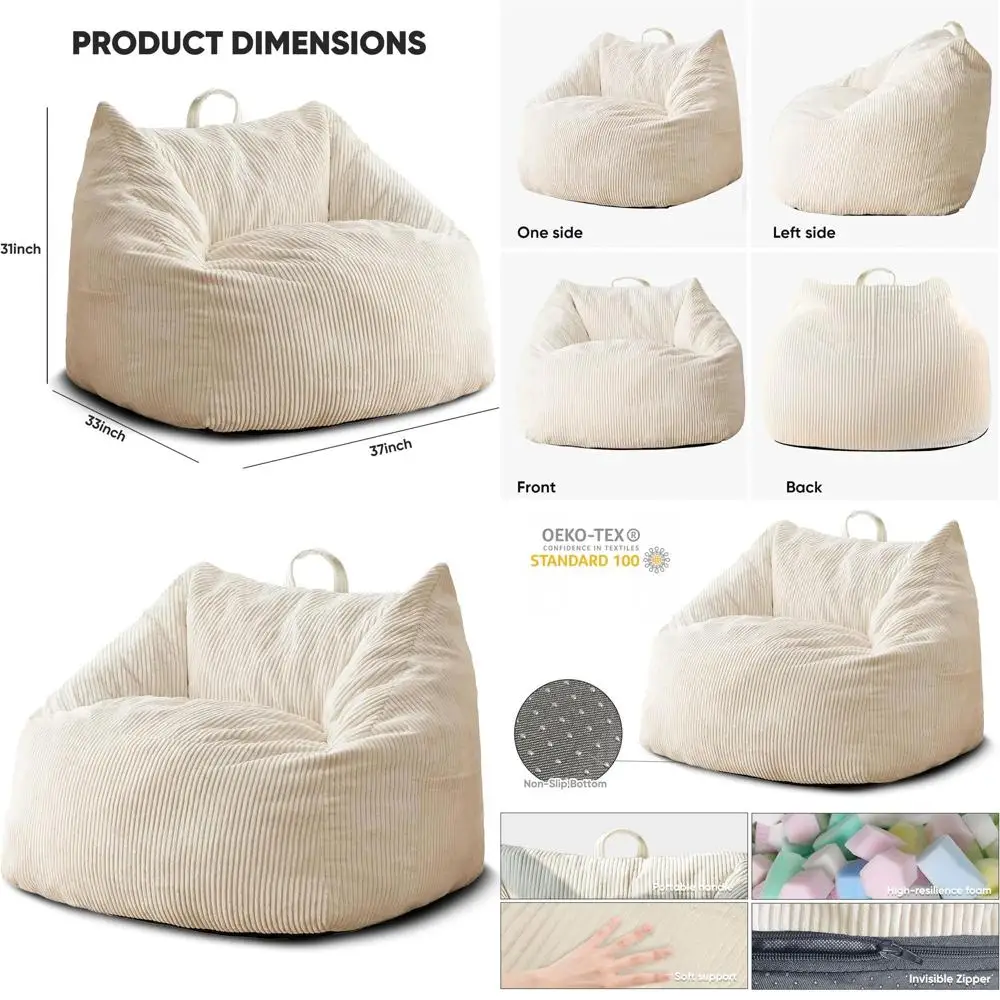 

Adult Giant Bean Bag Sofas with High-Rebound Memory Foam, Plush Microfiber Covers, Ideal for Reading and Gaming, Beige