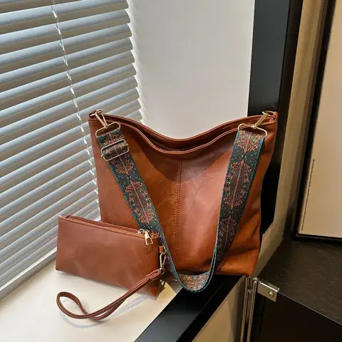 Bolso de hombro tipo cubeta de cuero PU para mujer, bandolera cruzada Vintage de Color sólido con correa ancha ajustable