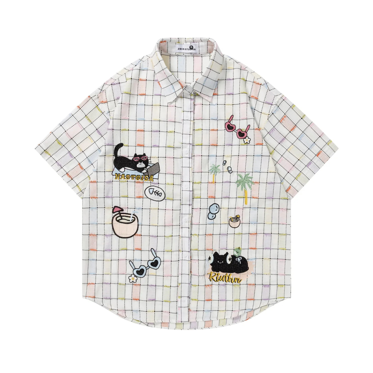 Cargo Checkered Patchwork Short Sleeve Shirts Mens Cartoon Embroidery Streetwear Summer Lapel Single Breasted Half-Sleeve Shirts