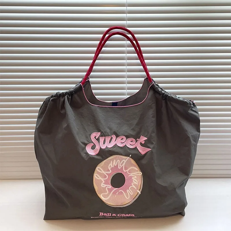 

Sweet Donut Embroidered Work Tote: High Capacity Reusable Nylon Bag Eco-Friendly Commuter Essential