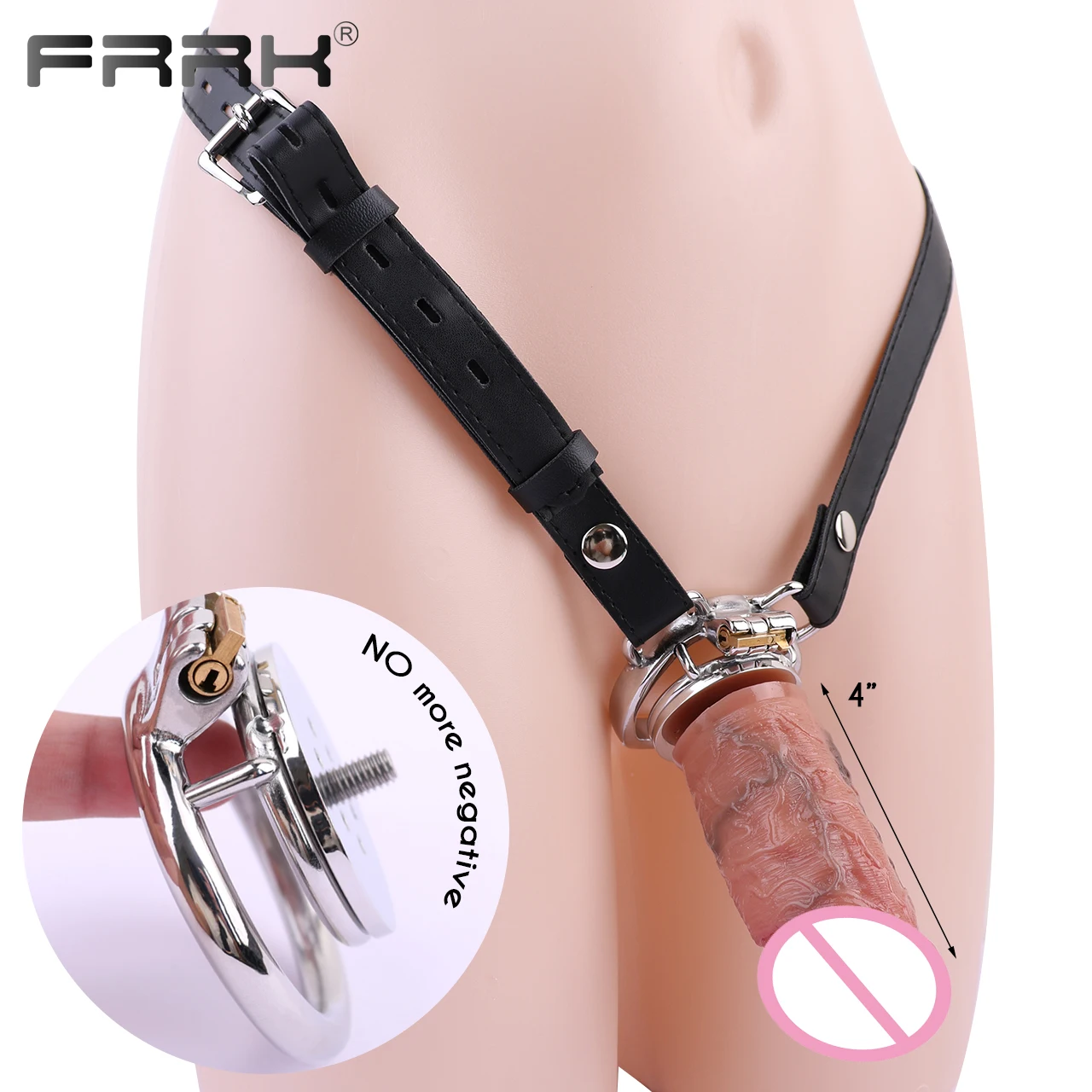 FRRK NO-More-Negative Flat Chastity Cage Attached with Silicone Skin Realistic Dildo For Men Penis Decoration BDSM Sex Products