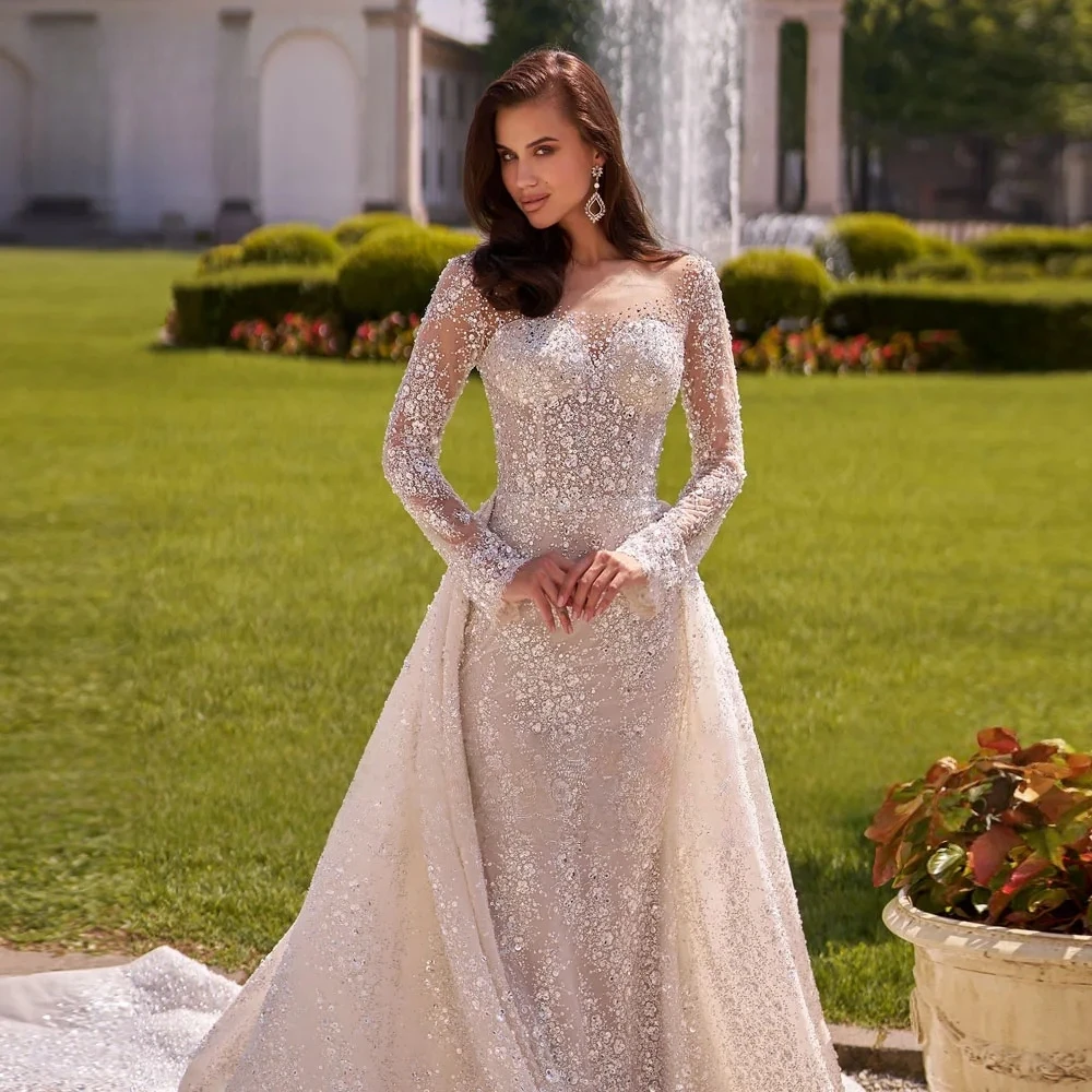 

Изысканные сексуальные свадебные платья русалки с длинными рукавами по индивидуальному заказу, кружевное, расшитое бисером, блестящее, Vestido De Novia со съемным шлейфом Brida