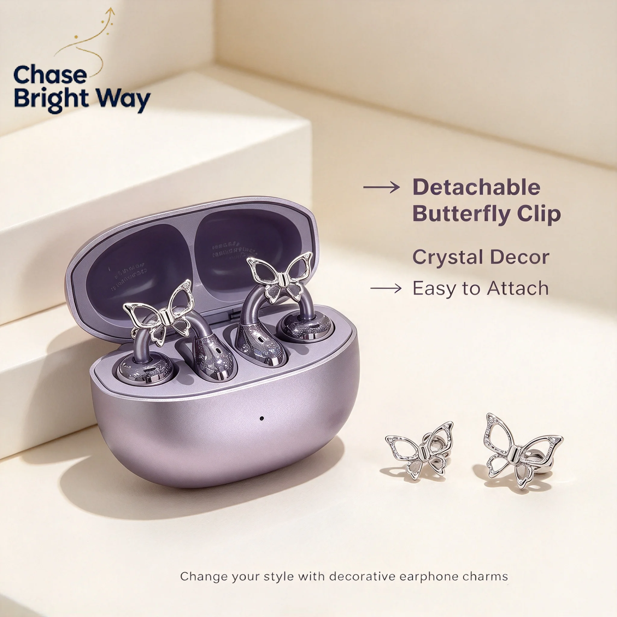 1pair Hollow Butterfly Decor Wireless Clip On Bluetooth Earbuds Accessories Perfect For Women Daily Commute Outdoor Sports