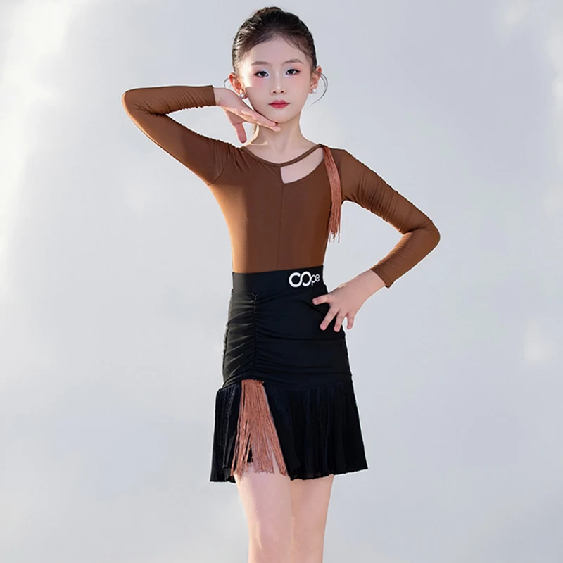 

2025 New Latin Dance Clothes Children Latin Practice Set Brown Long Sleeve Bodysuit Fringe Black Skirt Dancer Training Wear 2566