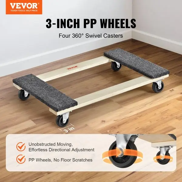 VEVOR Dolly per mobili, capacità di carico di 1.000 libbre, rotelle girevoli in PP da 18' x 30', 4 x 3', carrello mobile per mobili in legno duro resistente,