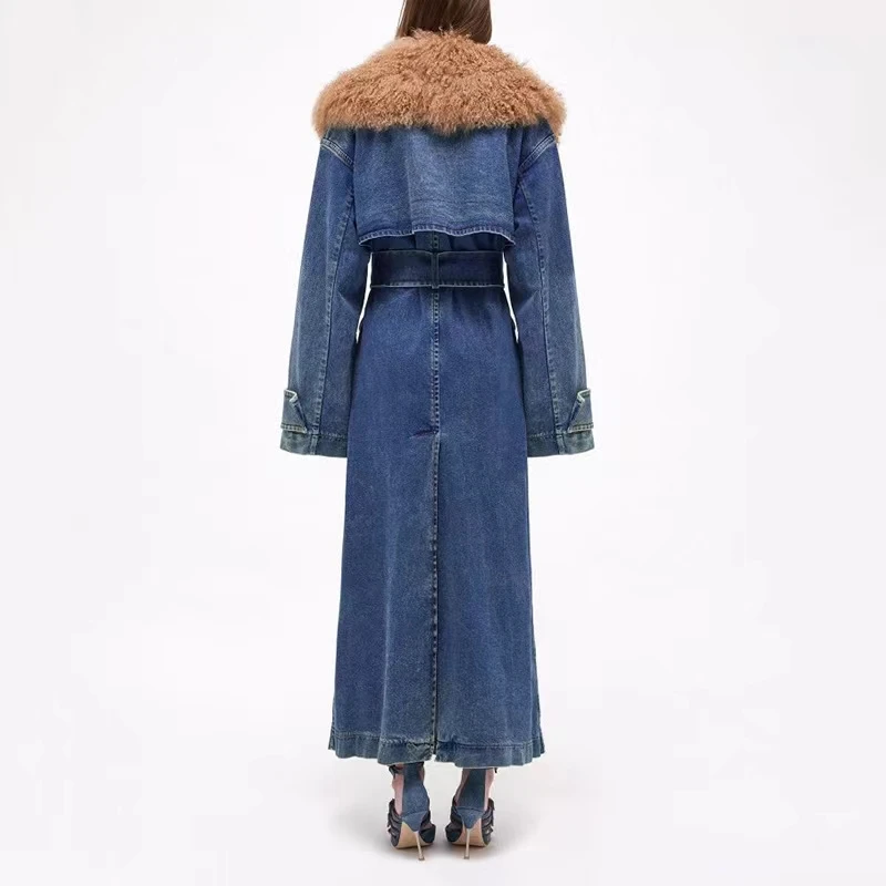 Women's Windbreaker Removable Fur Collar Denim Trench with Belt Long Trenchcoat  Autumn Fashion Single Breasted Jackets Belted