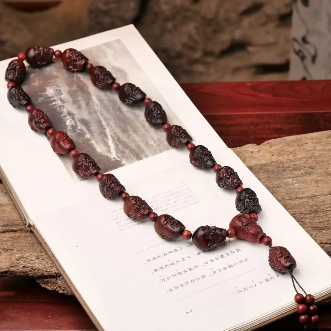 Premium Red Sandalwood Old Material Hand Carved Eighteen Arhats Handheld Car Hanging Buddhist Beads Craft Jewelry