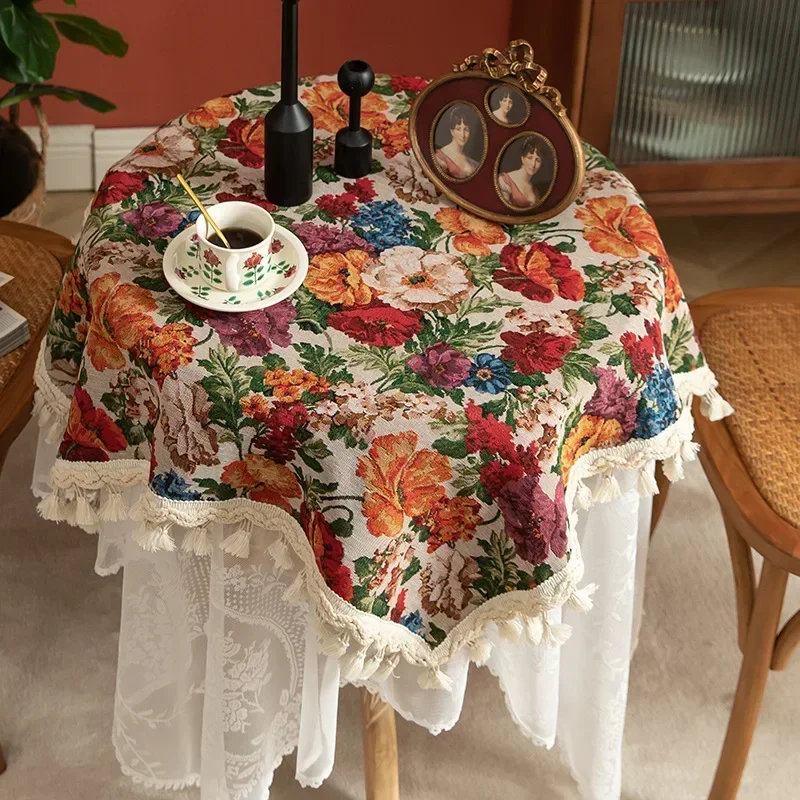American Jacquard Oil Painting Table Cover Hydrangea Tassel Jacquard Thick Table Cloth Tea Round Table Cloth Tafelkleed