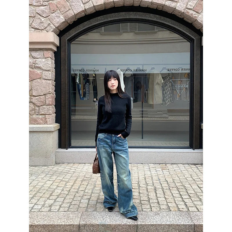 ベニュインフィー 2025 秋冬 アメリカンレトロ ミッドウエストジーンズ レディースファッション ルーズウォッシュド ストレートワイドレッグデニムパンツ