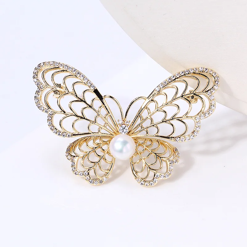 DIY Copper Gold Plated Zircon Pearl Butterfly Brooch Blank Base, Trendy Corsage Jewelry Findings For Women