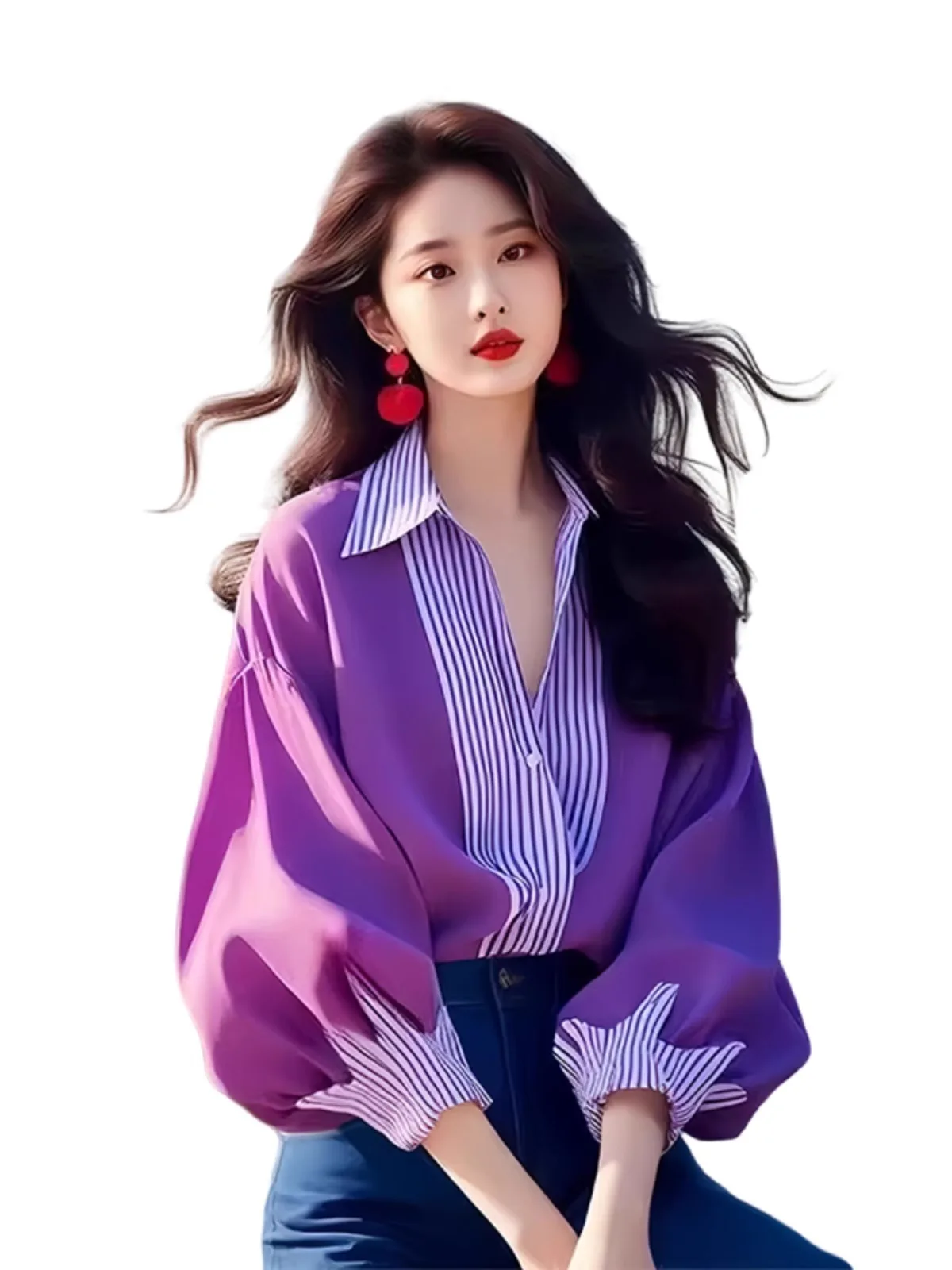 

Purple Spliced Ne Striped Lantern Sve Long Sve irt Women's Sle Slimming Top Casual Loose Fit Button Detail