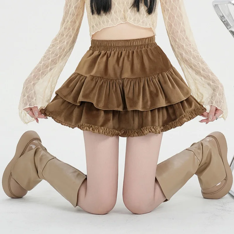 2025 New Vintage Solid Velvet Mini Skirt For Women Kawaii Lolita Girl High Waist Layered Ruffle Puffy Cake Skirt Short Bottoms