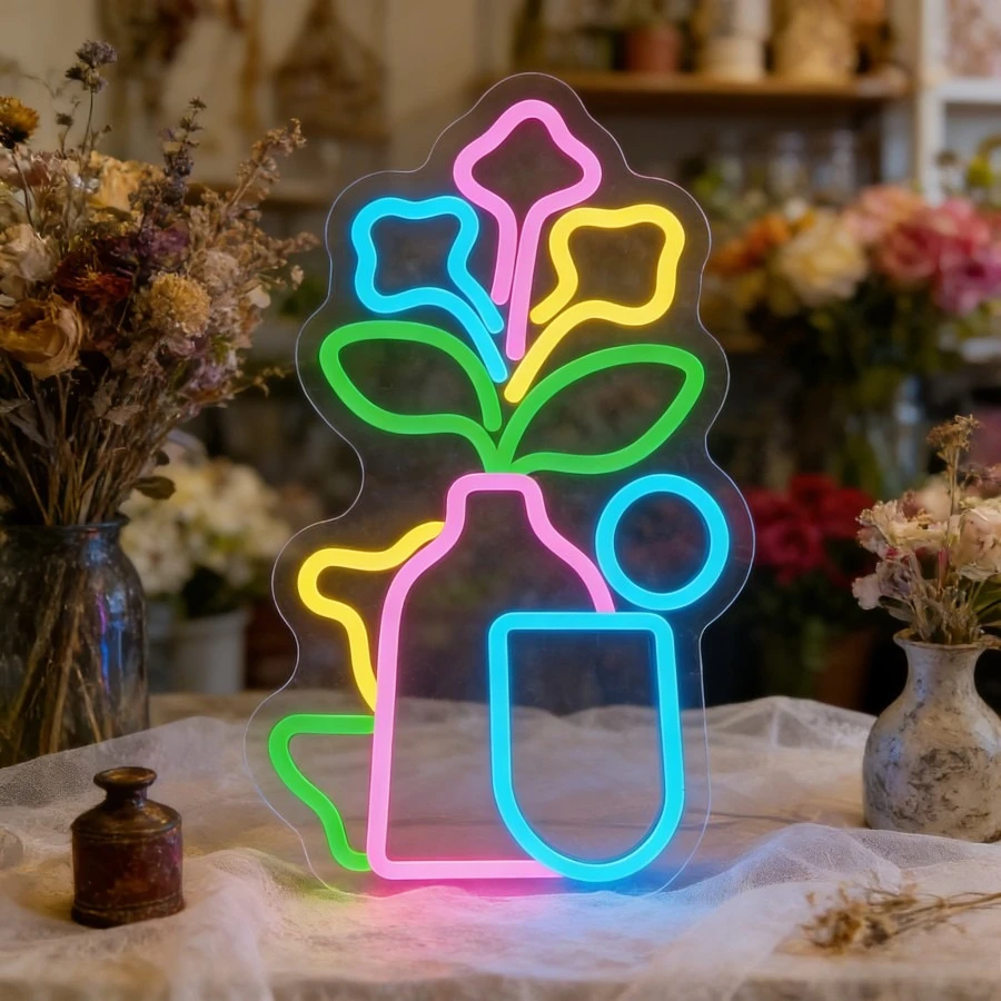 Floral Vase LED Neon Sign for Home Decor USB Dimmable Wall Light for Flower Shop Cafe Bedroom Yoga Studio Valentines Gift Decor