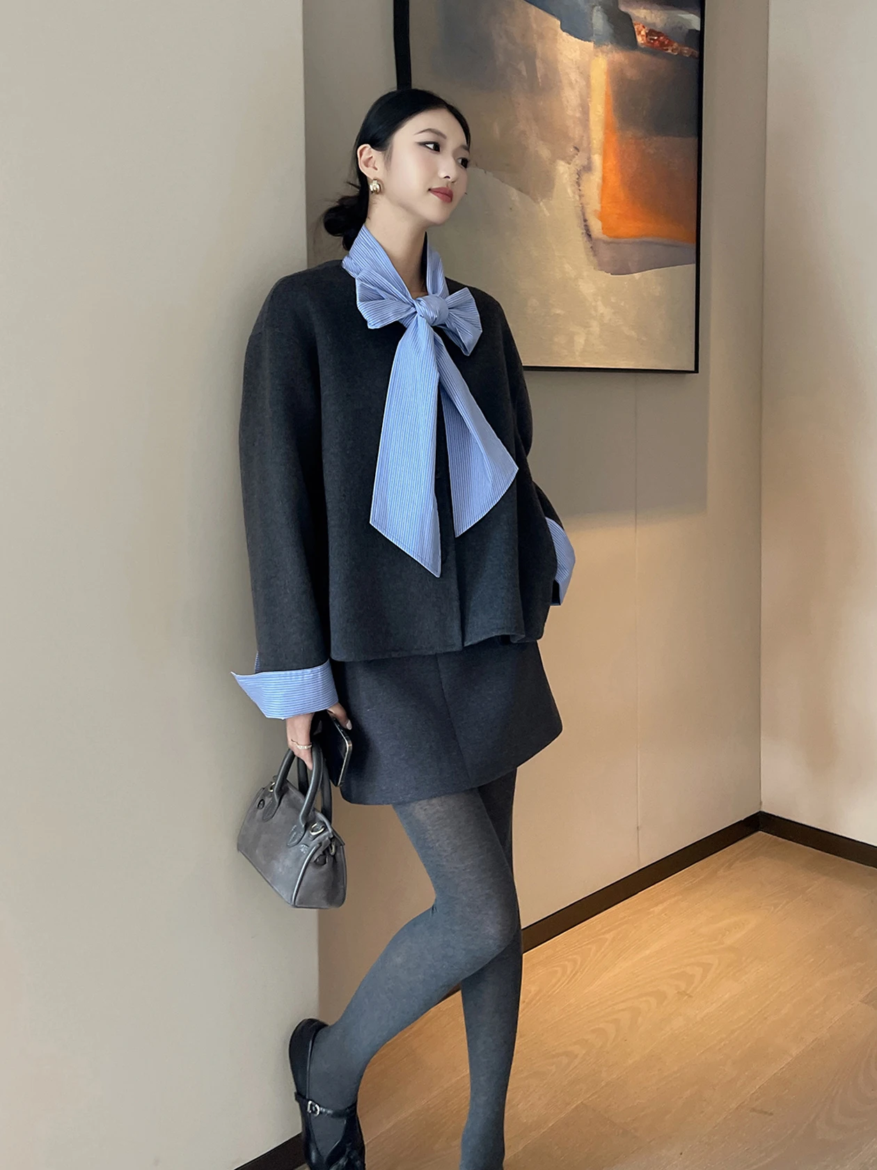 

Deep ey Double-Sided Woolen Coat for Women Winter 2025 New Bow Tie College Sle Personali Tweed Jaet Commute Straight ...