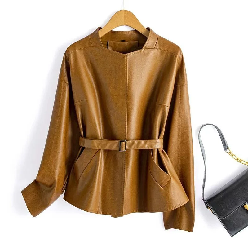 2026 春秋レザーコート女性のファッションデザインレザージャケットコートウエストシェイプレースアップソフトオートバイ服