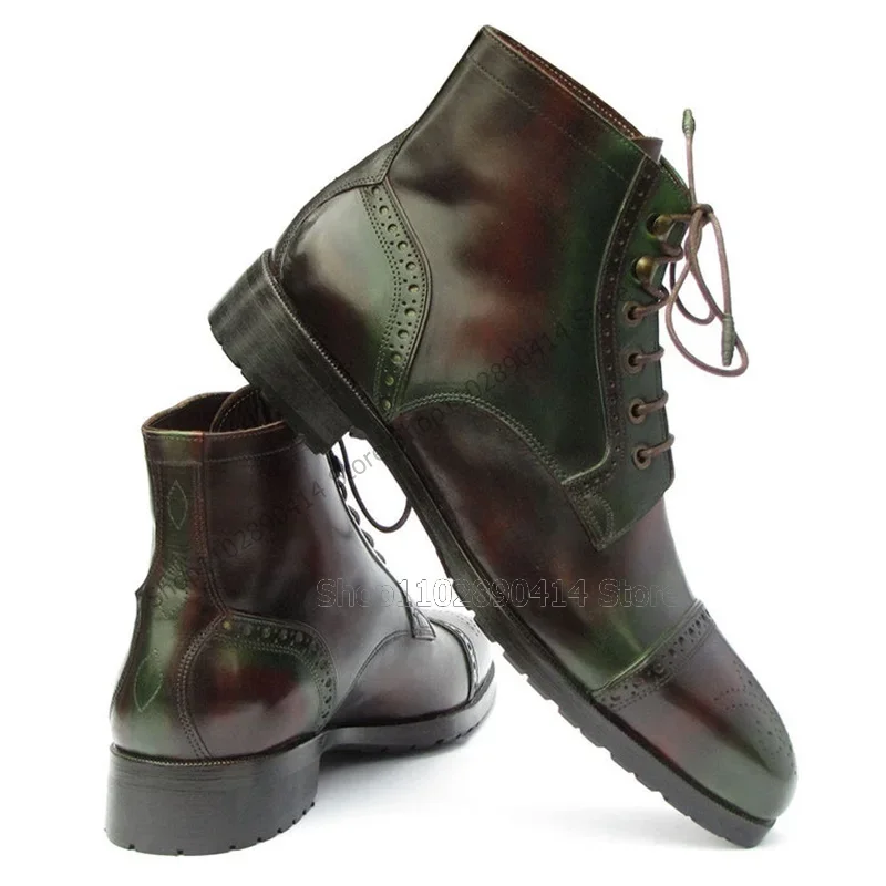 Green Red Carving Design Square Toe Ankle Boots Fashion Lace up Men Shoes Luxurious Handmade Party Feast Banquet Men Dress Shoes