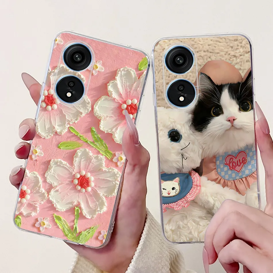 For Oppo Reno8 T Phone Case Reno 8T 5G 4G CPH2481 CPH2505 Elegant Floral Cat Soft Silicone Transparent TPU Lightweight Cases