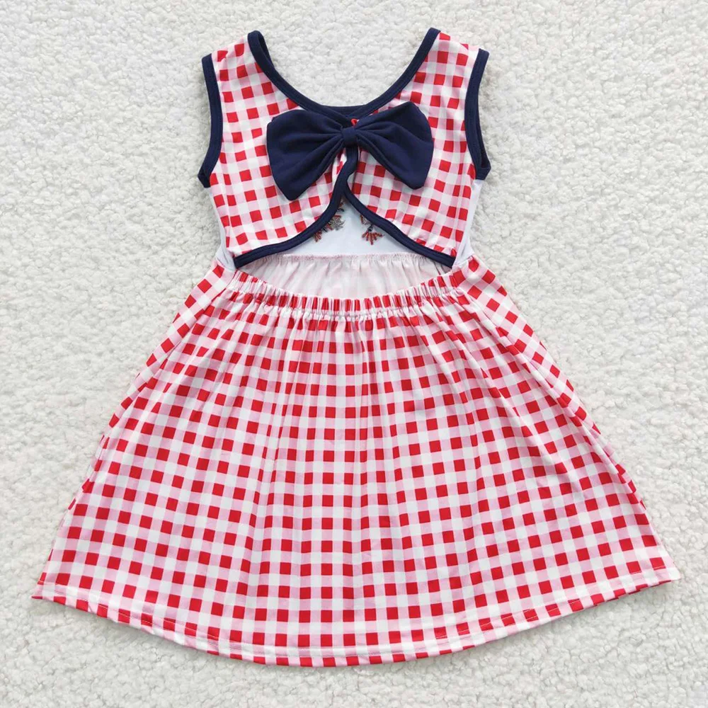 Kid July 4th Summer Flag Embroidery Set Children Matching Baby Boy Girl Plaid Dress Cotton Short Sleeves  Toddler Outfit
