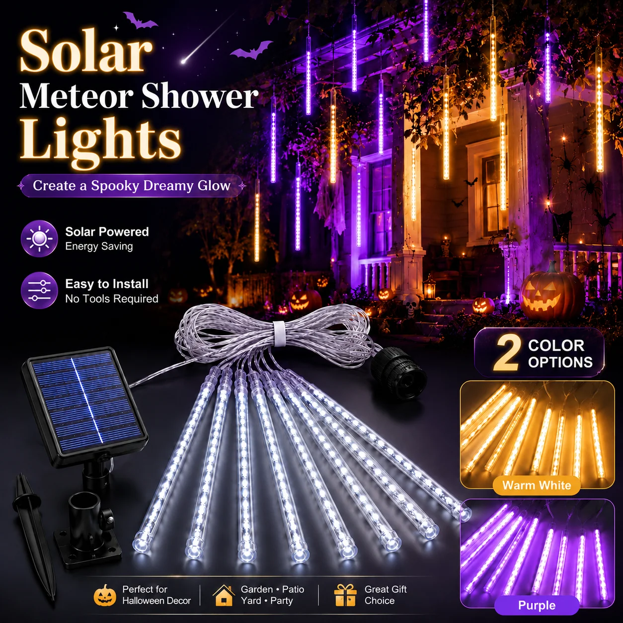 Lumières de pluie de météores solaires d'Halloween, lumières LED blanches chaudes/violettes en forme de tubes tombants pour la décoration de jardin, patio, cour, fête