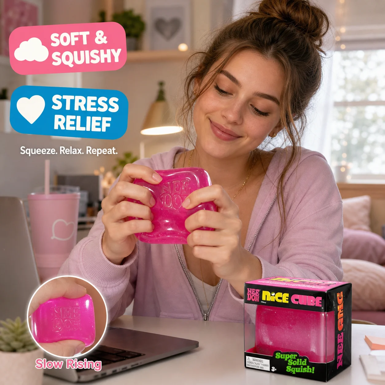 Needoh Slow Rebound Stress Relief Glow Ice Cube Maltose Squeeze Toy Large Fidget Decompression Night Light Blocks for Kids