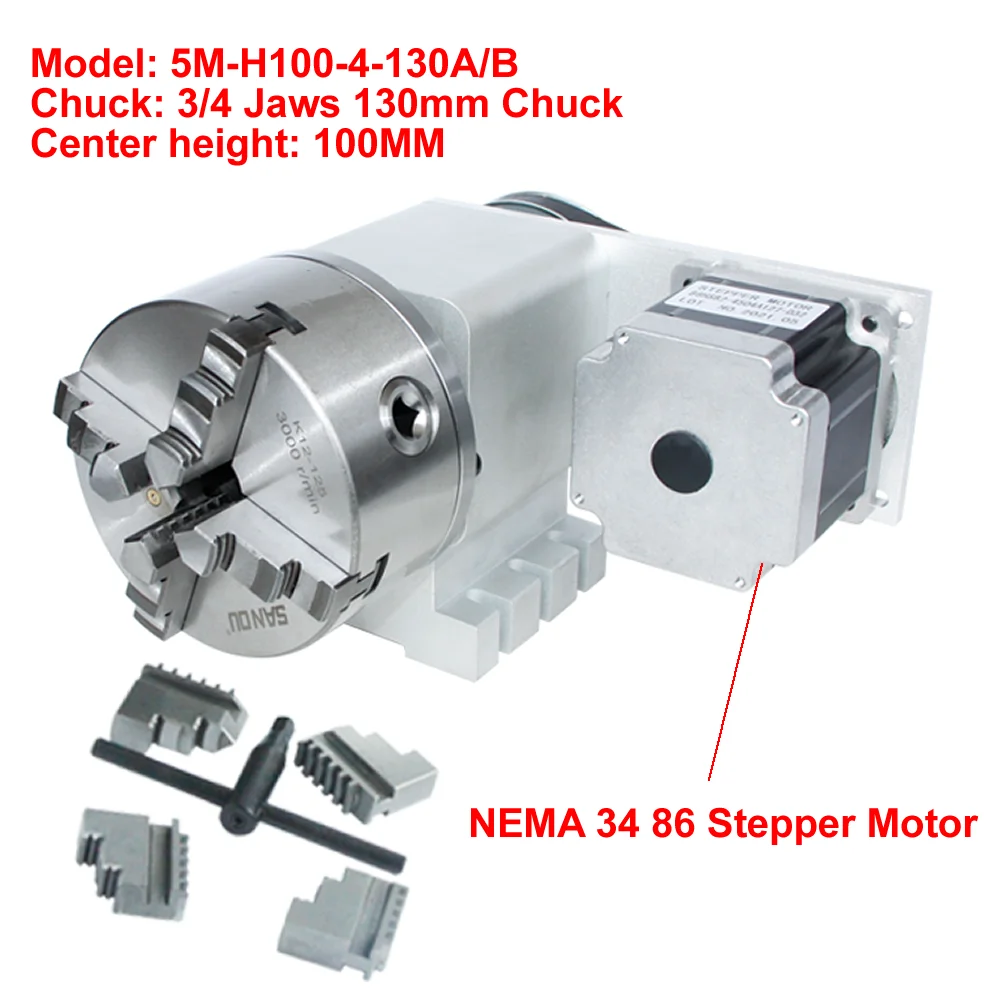 CNC A 4th Axis Rotary Axis NEMA34 86 Stepper Motor CNC Indexing Head 3/4 Jaws 130MM Chuck Center Height 100MM Engraving Machine