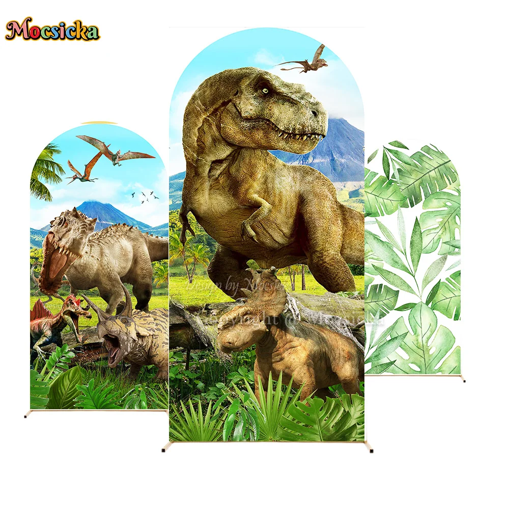 Jurassic Dinosaur Birthday Theme Party Background for Boys Kid Double-sided Arch Backdrop Tropical Green Forest Decor Photobooth