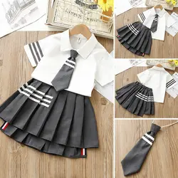 2pcs 2024 spring summer Girls JK SUIT Clothes teenager tie striped t shirt + pleated skirt uniform 4 5 6 7 8 9 10 11 12 years