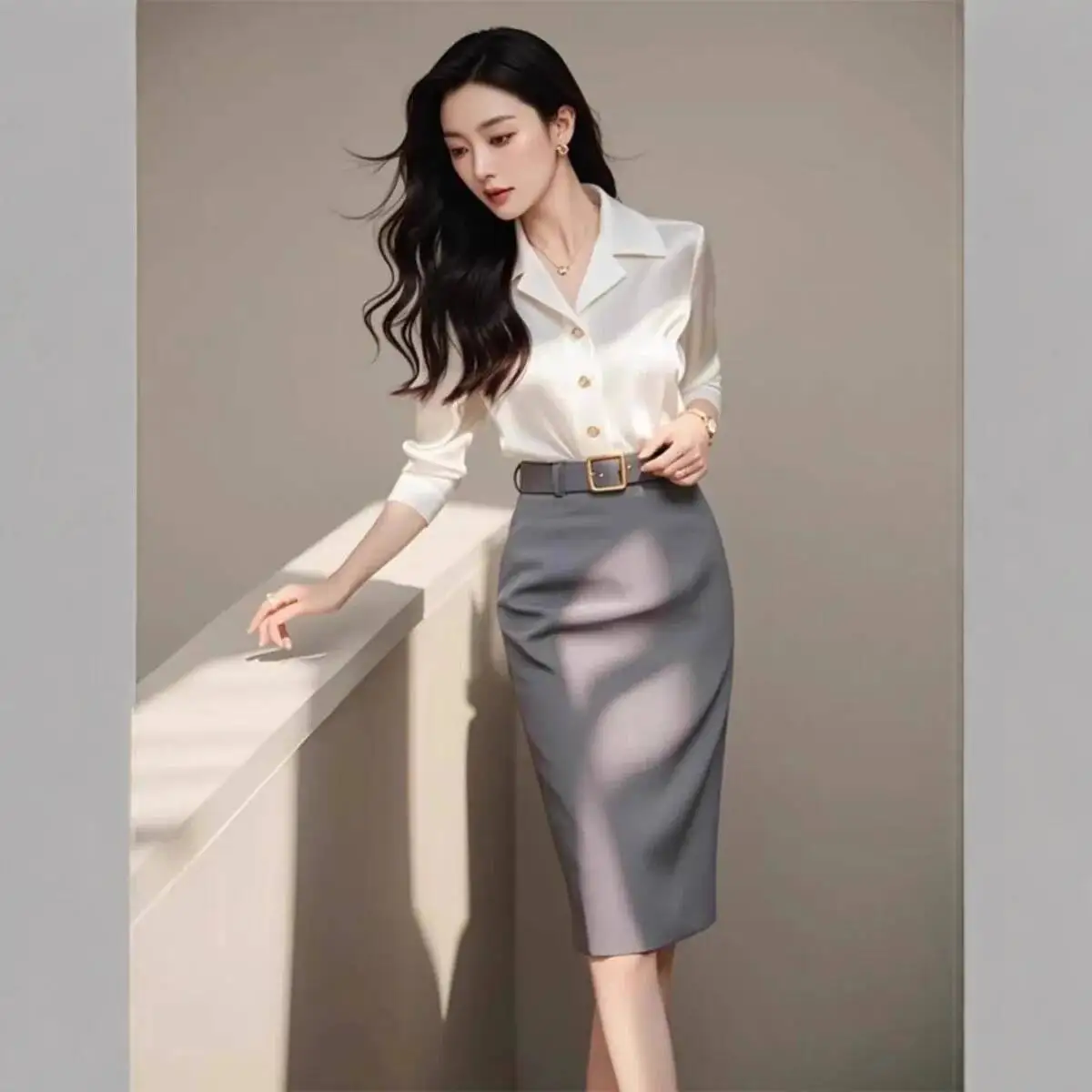

Женский офисный костюм 2026, весенний новый женский комплект из двух предметов, стильный элегантный профессиональный полированный наряд, белая рубашка и юбка-миди