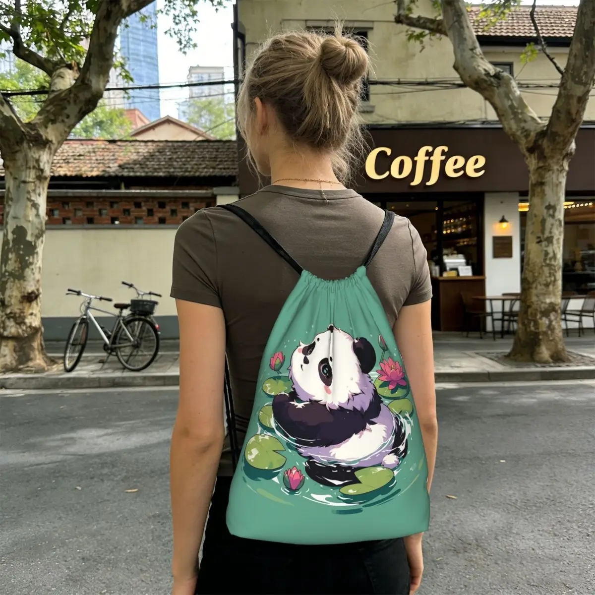 

Lotus Water Lily Cute Panda Bear Bath Backpacks Multi-function Drawstring Bags Shoes Bag Book Bags for Man Woman Students