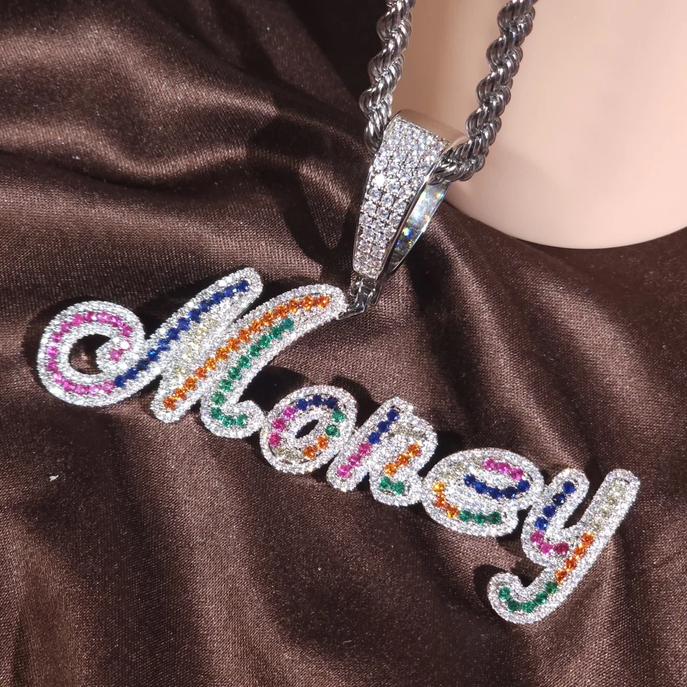 

ICE CHARMI Cursive Custom Name Mix-Color Cubic Zirconia Pendant Rope Chain Hiphop Style Jewelry Accessory For Men Women