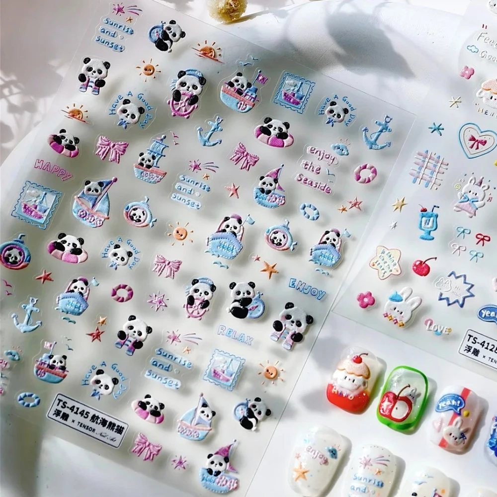 

Sailing Panda Sunset Sailboat Stamp Seagull Stars Cute Cartoon Graffit 3D Self Adhesive Nail Art Stickers Lovely Manicure Decals
