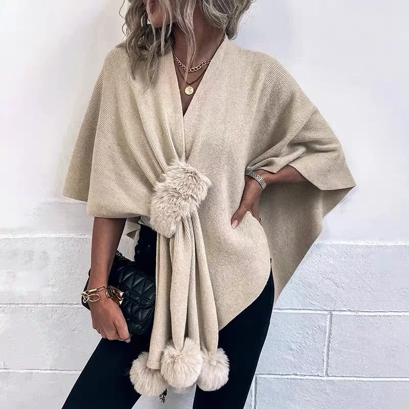 Fashion Side Strap Faux Fur Balls Cape Shawl Autumn Winter Soft Knit Acrylic Cashmere Cardigan Coat Women Cloak Wraps Long