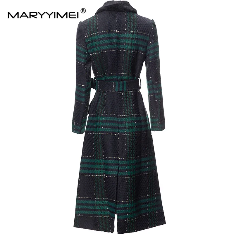 MARYYIMEI Fashion Designer Autumn/Winter Overcoat Women's Plush Lapel Long Sleeve Girdle Green Stripe Wool Coat