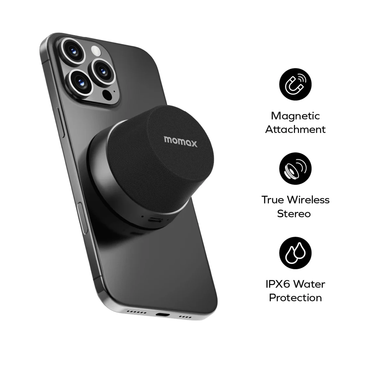 MOMAX 1-Vibe Go Magnetic Portable True Wireless Speaker Phone Stand IPX6 Waterproof Protection Long Play Time High Quality