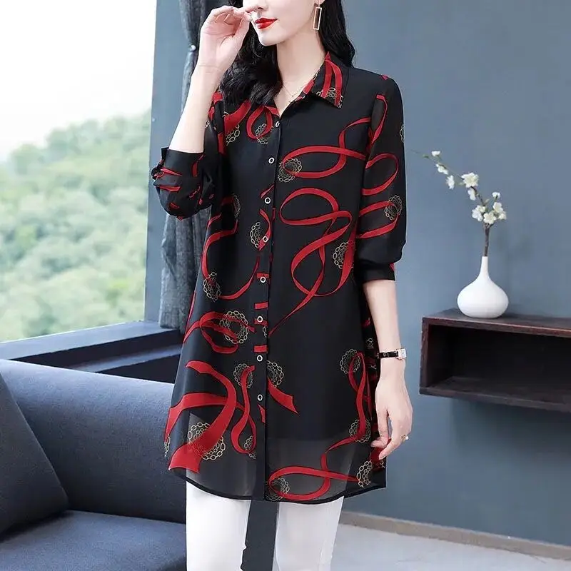 

Two-piece Suit Blouses Printing Buttons Office Lady Simplicity Thin Camis Turn-down Collar Long Sleeve Women's Clothing 2023